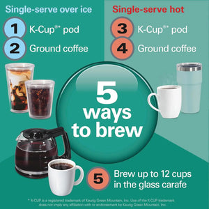 Advanced 5-in-1 Programmable 12 Cup Drip and Single Serve Hot & Iced Coffee Maker with Movable 60 oz. Water Reservoir
